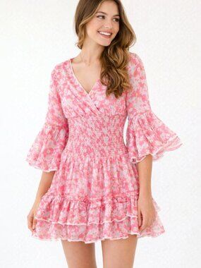 Chelsea & Violet Pink Floral Smocked Waist Bell Sleeve Mini Dress Size XS NWT